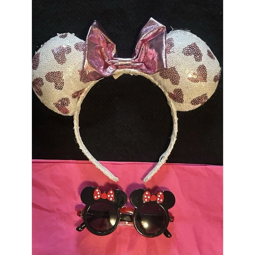 Disney Parks Heart Sequin Minnie Mouse Ears Pink Bow Headband + Glasses (Bonus)